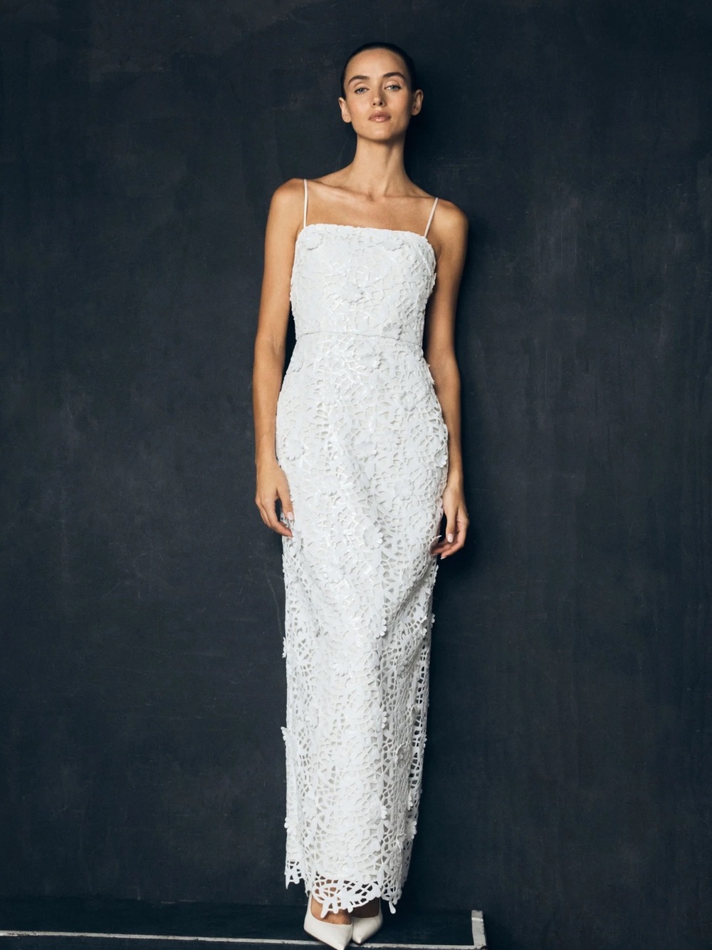 Meshki NEW Josefa White Lace Spaghetti-Strap Maxi Dress